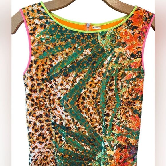 Elie Tahari Sz 2 Neon Green Orange Tropical Léopard Mesh Wedding Guest Dress - Picture 3 of 7